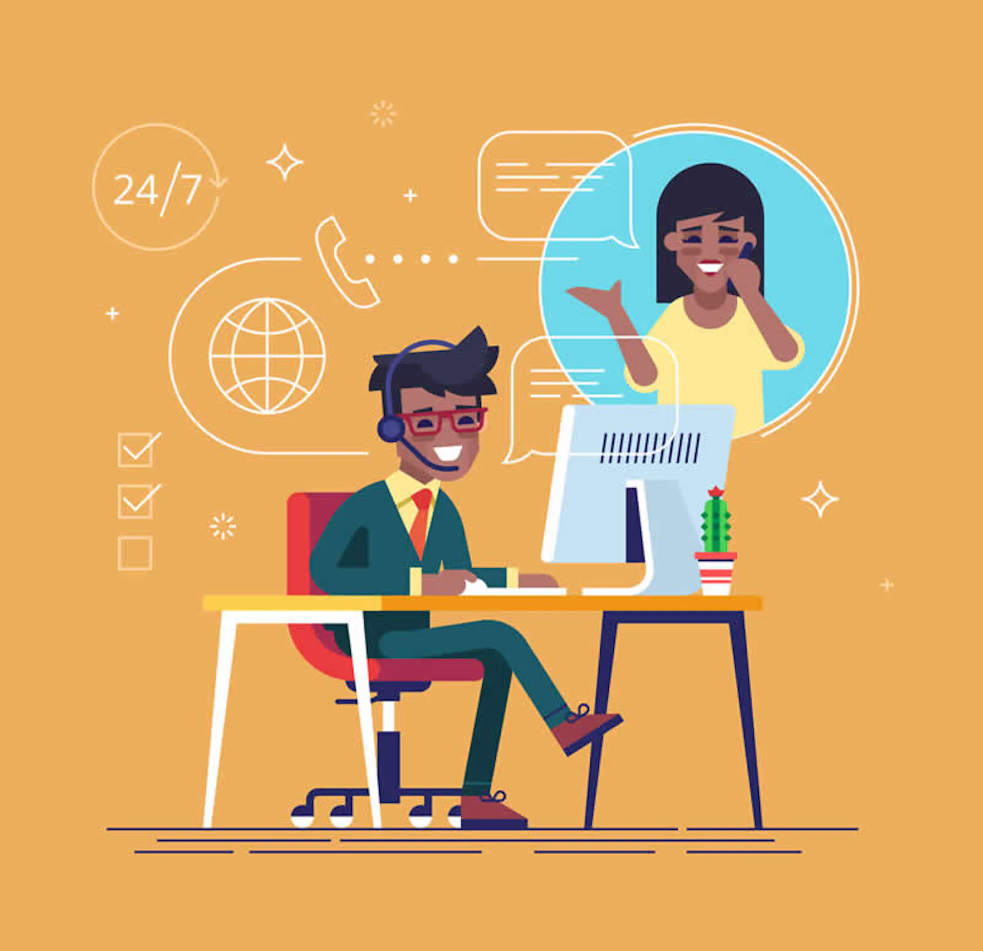 Arte gráfica com uma pessoa fazendo o atendimento de um cliente.