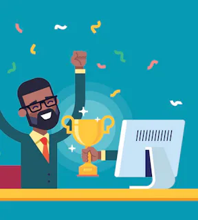 Arte gráfica com um homem comemorando.