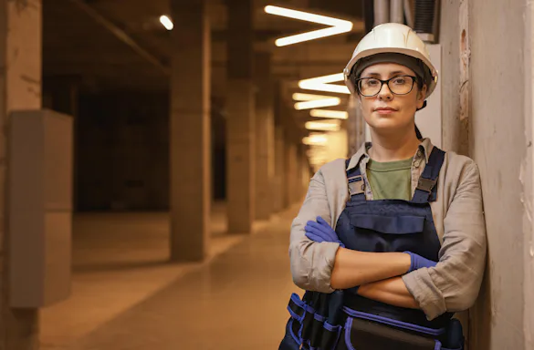 Uma profissional, com capacete de proteção, em um ambiente de trabalho, como um centro de distribuição.