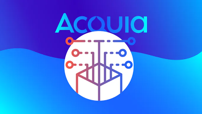 Imagem com fundo azul com o logo da Acquia e uma arte de uma caixa com conexões saindo