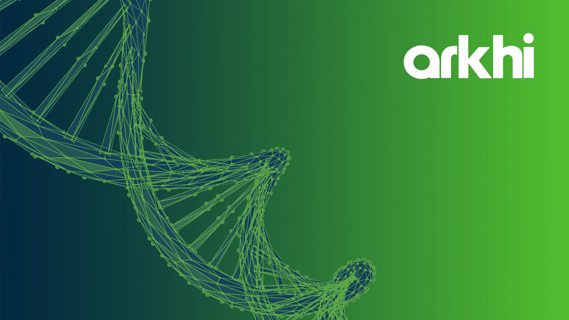 Imagem com fundo verde, um elemento gráfico de DNA e o logo da Arkhi.