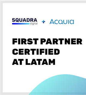 Imagem com fundo branco, elementos gráficos em azul e um texto First Partner Certified At Latam.