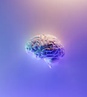 Imagem com fundo degradê azul, roxo e branco, com um cérebro no centro.