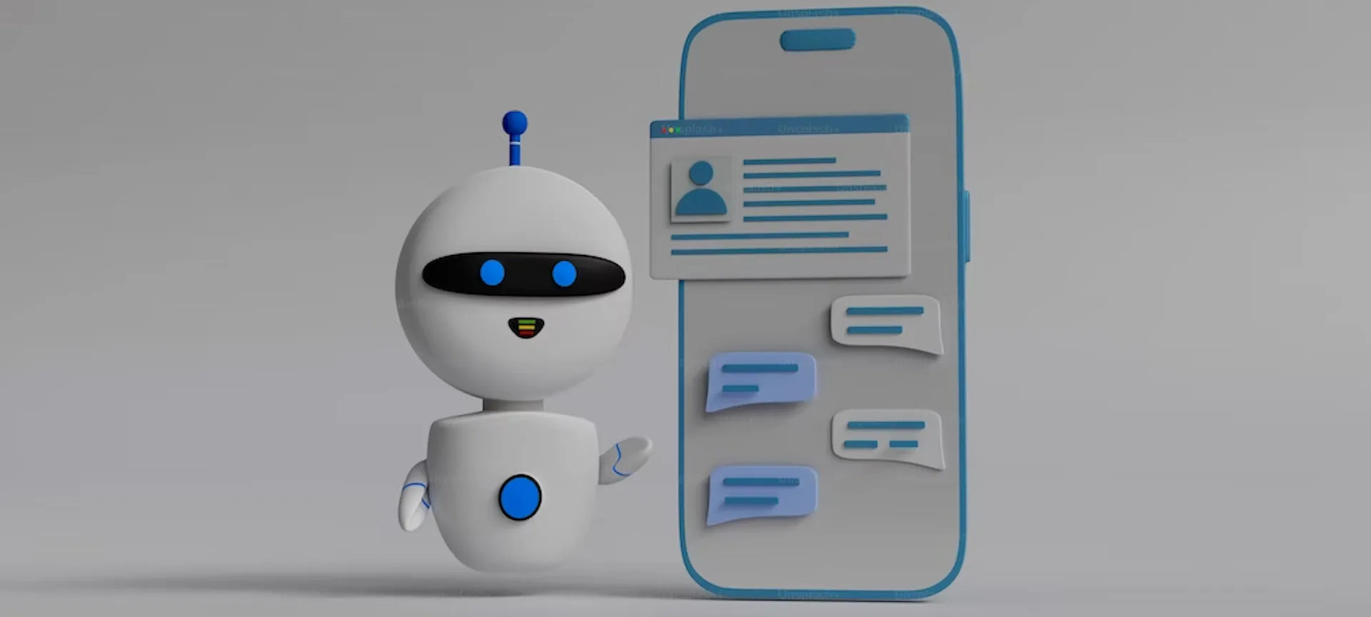 Um robô com um celular do lado.