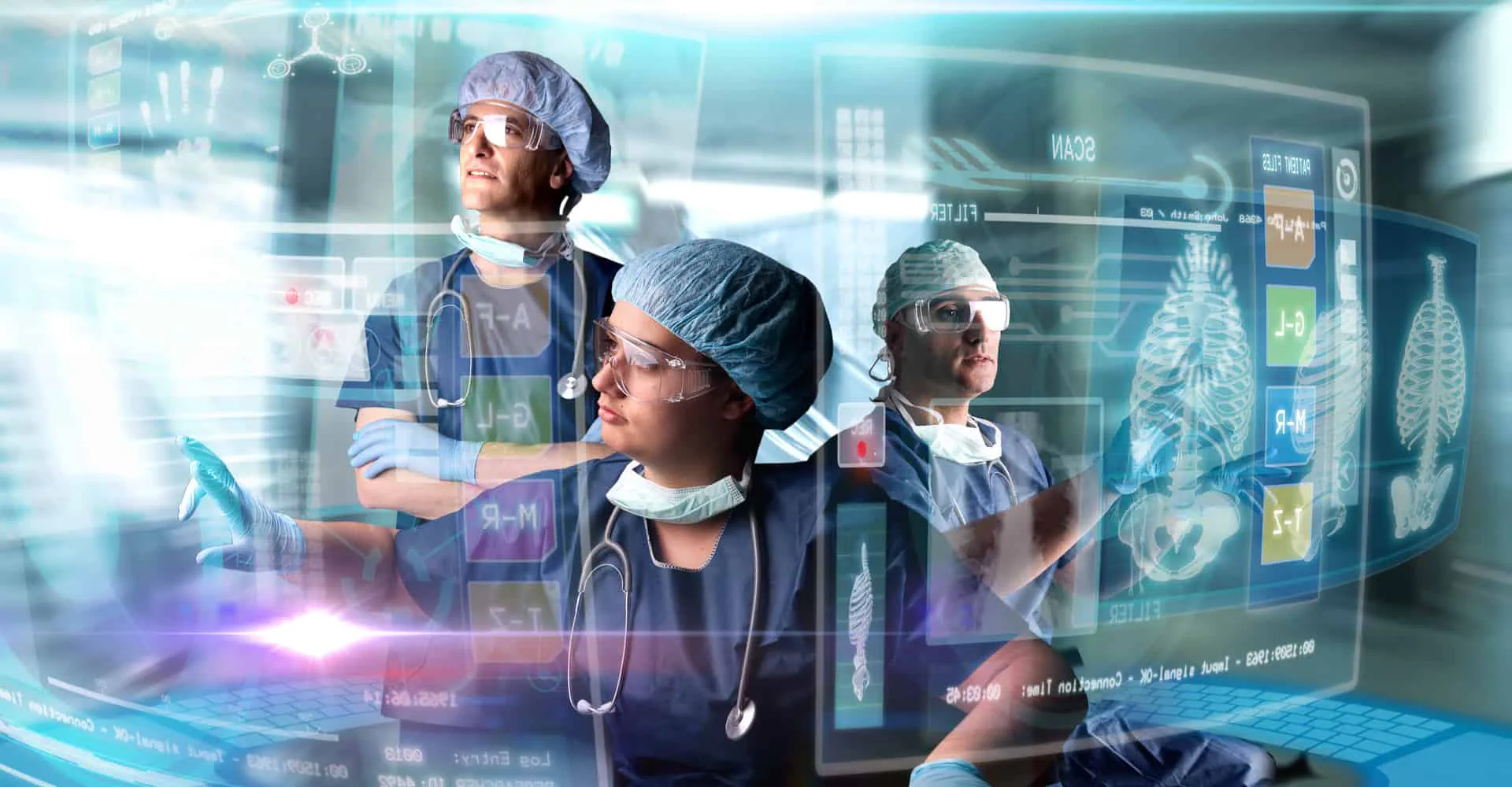 Médicos analisando informações médicas em telas de holograma. 